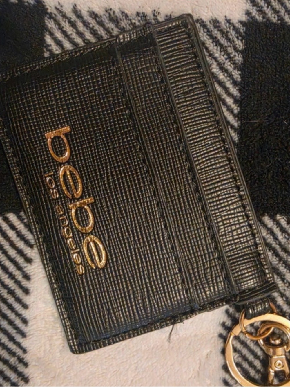 bebe Black Textured Card Holder with Gold Logo Keyring EUC
